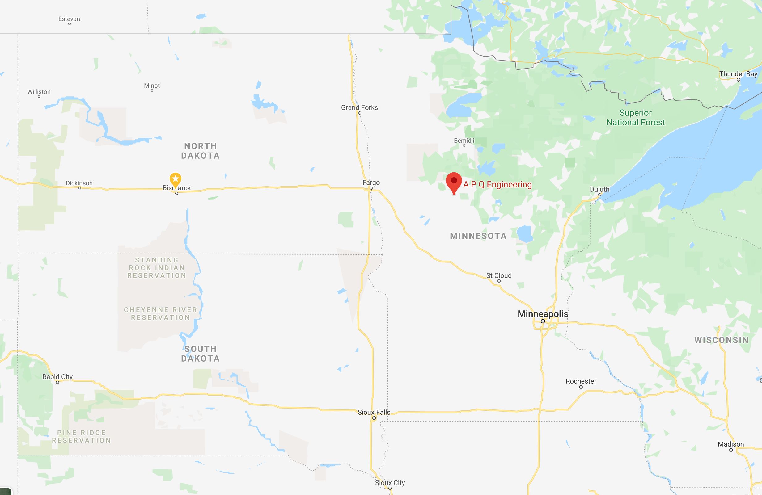 Map with pin showing APQ Engineering in Northern Minnesota